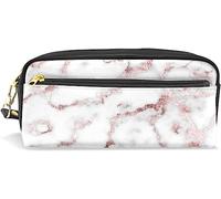 Estuche para lápices de gran capacidad para niñas y niños, bolsa de maquillaje de cuero con textura de mármol blanco y rosa, con compartimento y cremallera, organizador escolar