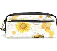 Estuche para lápices de gran capacidad para niñas y niños, bolsa de maquillaje de piel de panal de abeja amarilla con compartimento con cremallera, organizador escolar y bolsa de papelería