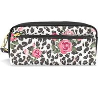 Estuche para lápices de gran capacidad para niñas y niños, bonito estuche de piel de guepardo con diseño de flores y rosas, con compartimento y cremallera, organizador escolar
