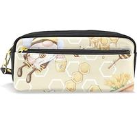 Estuche para lápices de gran capacidad para niñas y niños, bonito gnomo amarillo, colección de abeja, bolsas de maquillaje de cuero miel con compartimento con cremallera, organizador escolar y bolsa de papelería