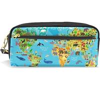 Estuche para lápices de gran capacidad para niñas y niños, bonito mapa del mundo de animales azules, bolsas de maquillaje de cuero con compartimento con cremalleras, organizador escolar, bolsa de papelería