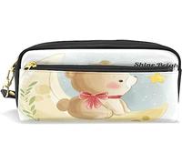 Estuche para lápices de gran capacidad para niñas y niños, bonito oso sentado en la luna, bolsas de maquillaje de cuero con compartimento con cremallera, organizador escolar y bolsa de papelería