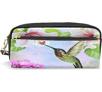Estuche para lápices de gran capacidad para niñas y niños, colibrí, flores blancas, hojas verdes, bolsas de maquillaje de cuero con compartimento con cremallera, organizador escolar y bolsa de papelería