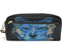 Estuche para lápices de gran capacidad para niñas y niños, con diseño de cabeza de lobo, color azul, estilo bohemio, con compartimento y cremallera, organizador escolar