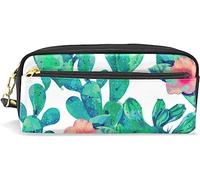 Estuche para lápices de gran capacidad para niñas y niños, con diseño de cactus verde, tropical, rojo, suculentas, de cuero, con compartimento y cremallera, organizador escolar