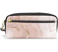 Estuche para lápices de gran capacidad para niñas y niños, con textura de mármol rosa y dorado, bolsas de maquillaje de cuero con compartimento con cremallera, organizador escolar y bolsa de papelería