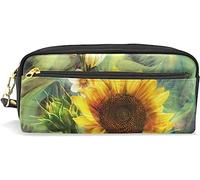 Estuche para lápices de gran capacidad para niñas y niños, diseño abstracto de girasoles de cuero con compartimento con cremallera, organizador escolar y bolsa de papelería
