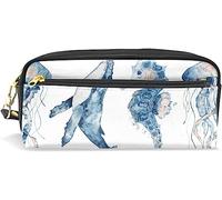 Estuche para lápices de gran capacidad para niñas y niños, diseño de ballena azul océano, medusas, caballito de mar, bolsas de maquillaje de cuero con compartimento con cremallera, organizador escolar, bolsa de papelería