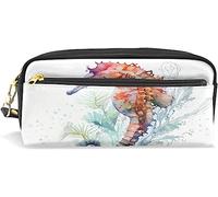Estuche para lápices de gran capacidad para niñas y niños, diseño de caballito de mar, color azul océano, bolsas de maquillaje con compartimento con cremallera, organizador escolar y bolsa de papelería