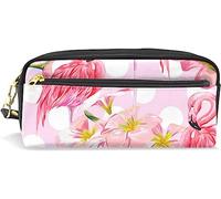 Estuche para lápices de gran capacidad para niñas y niños, diseño de flamencos rosas con flores tropicales de cuero con compartimento con cremallera, organizador escolar y bolsa de papelería