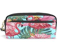 Estuche para lápices de gran capacidad para niñas y niños, diseño de flamencos rosas con flores tropicales de cuero con compartimento con cremallera, organizador escolar y bolsa de papelería
