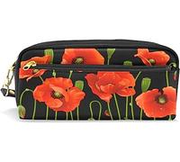 Estuche para lápices de gran capacidad para niñas y niños, diseño de flores de primavera, bolsas de maquillaje de piel de amapola roja con compartimento para cremalleras, organizador escolar, bolsa de papelería