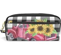 Estuche para lápices de gran capacidad para niñas y niños, diseño de girasoles de coche, flores amarillas, bolsas de maquillaje de cuero con compartimento con cremallera, organizador escolar y bolsa de papelería