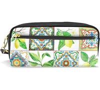 Estuche para lápices de gran capacidad para niñas y niños, diseño de mosaico, azulejos de mosaico, frutas y limón, hojas de cuero floral, bolsas de maquillaje con compartimento con cremallera, organizador escolar, bolsa de papelería