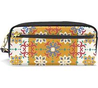 Estuche para lápices de gran capacidad para niñas y niños, diseño de mosaico marroquí, bohemio, con flores, de cuero, con compartimento, con cremallera, organizador escolar, bolsa de papelería