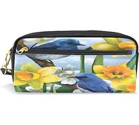 Estuche para lápices de gran capacidad para niñas y niños, diseño de pájaros, flores azules, color amarillo, bolsas de maquillaje de cuero 3D con compartimento para cremalleras, organizador escolar, bolsa de papelería