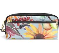 Estuche para lápices de gran capacidad para niñas y niños, diseño retro de girasol, plantas de otoño, flores amarillas, bolsas de maquillaje de cuero con compartimento con cremallera, organizador escolar y bolsa de papelería