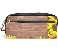 Estuche para lápices de gran capacidad para niñas y niños, girasoles brillantes, flores amarillas, bolsas de maquillaje de cuero de madera con compartimento con cremallera, organizador escolar, bolsa de papelería