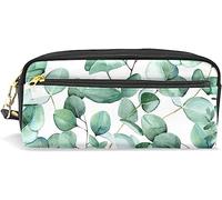 Estuche para lápices de gran capacidad para niñas y niños, hojas de eucalipto sobre un fondo blanco, bolsas de maquillaje de cuero con compartimento con cremallera, organizador escolar, bolsa de papelería