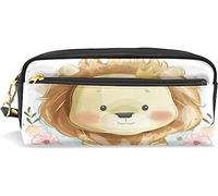 Estuche para lápices de gran capacidad para niñas y niños, lindo león, retrato de flores, bolsas de maquillaje de cuero con compartimento con cremallera, organizador escolar, bolsa de papelería