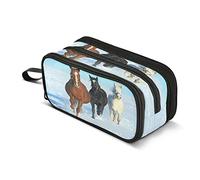 Estuche para lápices de gran capacidad, The Horse Runs Gallop on A Snowy Field 3 compartimentos, bolsa de almacenamiento portátil para niños