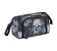 Estuche para lápices de Halloween con diseño de calavera de pesadilla y ojos de neón azul, estuche multifuncional con cremallera para cosméticos adolescentes
