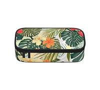 Estuche para lápices de hojas de vegetación con flores de hibisco de gran capacidad, bolsa de papelería de oficina, bolsa de cosméticos con compartimentos para niñas, niños y adultos
