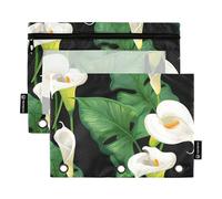 Estuche para lápices de hojas verdes con lirios blancos para carpeta de 3 anillos con cremallera, para mujeres, carpetas transparentes para bolígrafos, estuche escolar suave, 9.8 x 7.1 pulgadas, 2