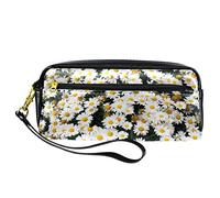 Estuche para lápices de margaritas blancas con diseño de margaritas y margaritas, de piel sintética, con cremallera, Cartuchera Papelería, para niños y niñas, suministros escolares y de oficina