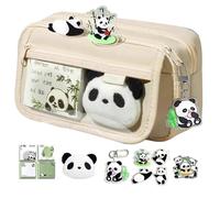 Estuche para lápices de panda, estuche de gran capacidad, estuche de panda con calcomanías de panda, broche, llavero, papelería de panda con compartimento, para niñas y niños, color crema, Refer to