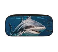 Estuche para lápices de piel impermeable con diseño de puesta de sol tropical, bolsa de maquillaje estética, bonita bolsa de cosméticos grande para papelería de oficina, viajes, Hammerhead Shark