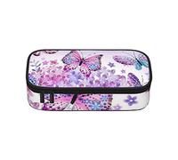 Estuche para lápices de ramitas verdes blancas de gran capacidad, bolsa de papelería de oficina, bolsa de cosméticos con compartimentos para niñas, niños y adultos, hermoso arte de mariposa morada, talla única
