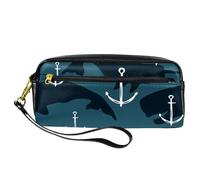 Estuche para lápices, diseño de ancla con siluetas de ballenas, bolsa de piel sintética con cremallera para niños y niñas, suministros escolares y de oficina