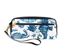 Estuche para lápices, diseño de caballito de mar, cangrejo, conchas marinas, bolsa de piel sintética con cremallera, para niños y niñas, suministros escolares y de oficina