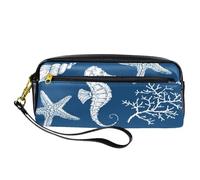 Estuche para lápices, diseño de caballito de mar con estrella de mar coral sobre azul, bolsa de piel sintética con cremallera para niños y niñas, suministros escolares y de oficina