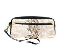 Estuche para lápices, diseño de caballito de mar sobre fondo de onda, bolsa de piel sintética con cremallera para niños y niñas, suministros escolares y de oficina