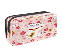 Estuche para lápices, estuche de papelería para estudiantes, para adolescentes, niños, niñas, suministros de oficina escolar, diseño de gato Maneki Neko con flores de cerezo