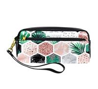 Estuche para lápices hexagonal de plantas geométricas, bolsa de piel sintética con cremallera para niños y niñas, suministros escolares y de oficina