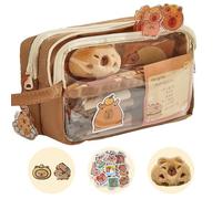 Estuche para lápices, multicapa, bolsa de papelería con cremallera y pegatinas, Color café, para niños y estudiantes