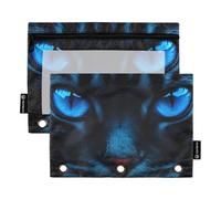 Estuche para lápices para estudiantes, carpeta de 3 anillos con cremallera, carpetas escolares pastel, bolsillos transparentes, misteriosos ojos de gato azul brillante, 9.8 x 7.1 pulgadas, 2 paquetes