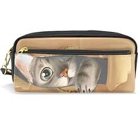 Estuche para lápices para niñas y niños, bolsa de lápices de gran capacidad, lindo gato mirando bolsas de maquillaje de cuero con compartimento con cremallera, organizador escolar bolsa de papelería