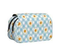 Estuche para lápices portátil de Doble Capa con diseño de Cuadros Vichy Azules y Flores de Margaritas Retro