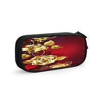 Estuche para lápices, ramo de flores doradas, rosas entrelazadas rojas, gran capacidad, soporte para bolígrafos, suministros escolares, organizador de almacenamiento de papelería, regalo para escuela secundaria, oficina, estudiante, niña, niño, negro5