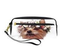 Estuche para lápices, Yorkshire Terrier con coronas de flores, bolsa para bolígrafos, bolsa de piel sintética con cremallera para niños y niñas, suministros escolares y de oficina
