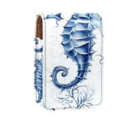 Estuche para lápiz Labial,Organizador de Cuero para lápiz Labial con Brillo de Labios con Espejo,Caballito de mar océano Retro Azul