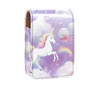 Estuche para lápiz Labial,Organizador de Cuero para lápiz Labial con Brillo de Labios con Espejo,Nube Arcoiris y Unicornio