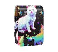 Estuche para lápiz Labial,Organizador de Cuero para lápiz Labial con Brillo de Labios con Espejo,Unicornios Gato Arco Iris Nubes