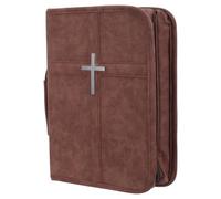 Estuche para Libro con Cremallera y Asa, PU Marrón con Cruz metálica | Funda Tipo Libro, Interior con Bolsillos y Ranuras para Bolígrafos, Uso en Cultos y Visitas Pastorales
