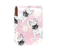 Estuche para pintalabios con diseño de perro de pug blanco, con fondo rosa, portátil, mini caja de almacenamiento de pintalabios, estuche organizador de lápiz labial de viaje con espejo para mujer, Varios colores, 9.5x2x7 cm/3.7x0.8x2.7 in