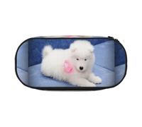 Estuche pequeño para lápices de Gran Capacidad, diseño de Cachorro de Samoyedo Blanco con Lazo Peludo, Organizador de papelería de Oficina.